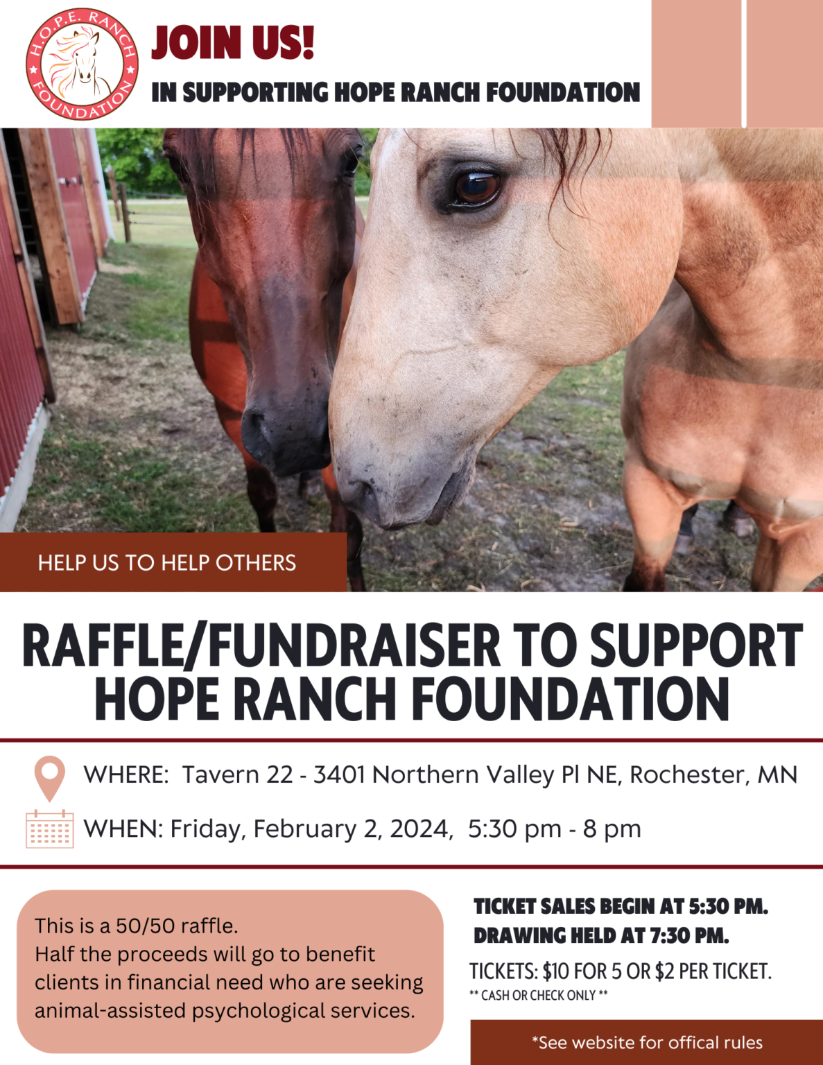 Raffle Ranch HOPE Ranch Foundation 50/50 Raffle – Feb. 2, 2024 at Tavern 22 - Hope Ranch